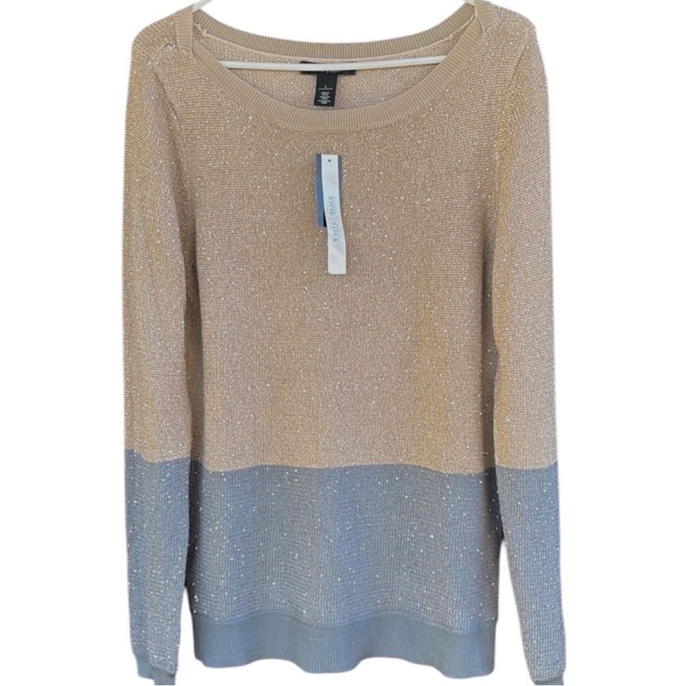 NWT White House Black Market Two Tone Sequin Sweater Tan Grey Size Large